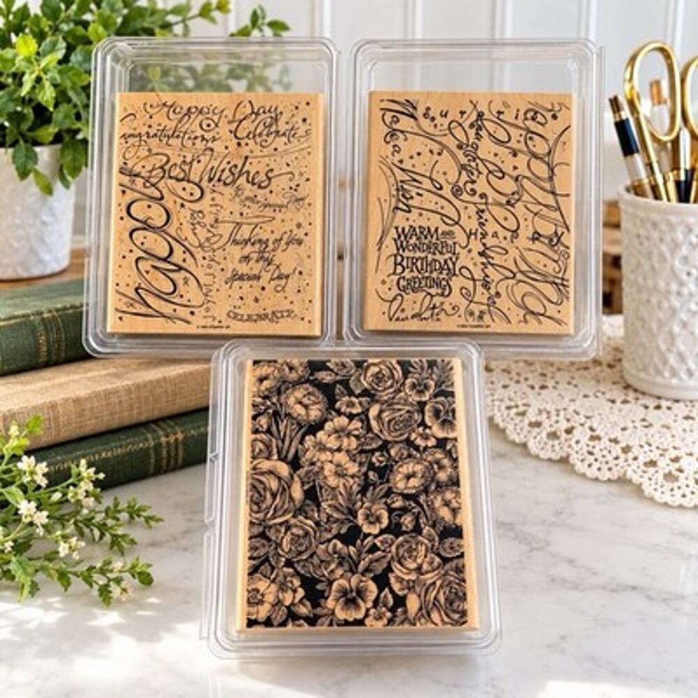 Stampin Up Lot #7 - 3 Background Rubber Stamps Happy Birthday Floral Special Day